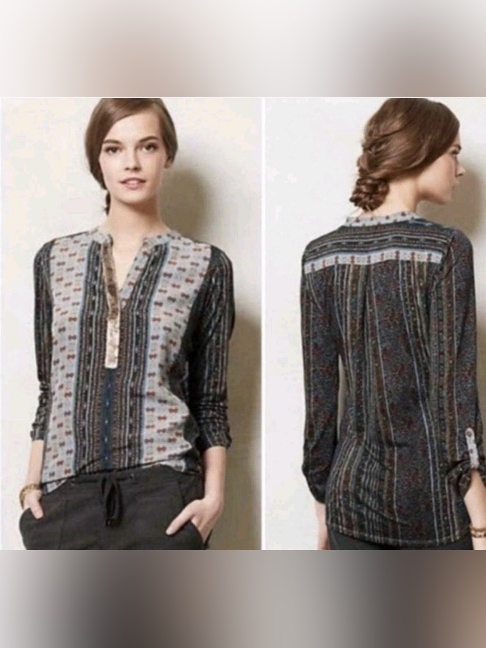 Anthropologie TINY Devas Boho Sequin Split Neck Popover Blouse Top Blue Multi S